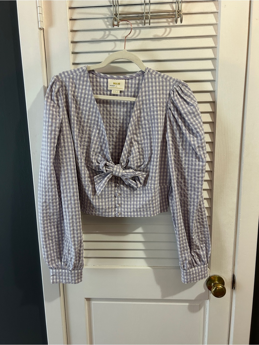 Anthropologie Lavender Gingham Tie-Front Puff Sleeve Blouse